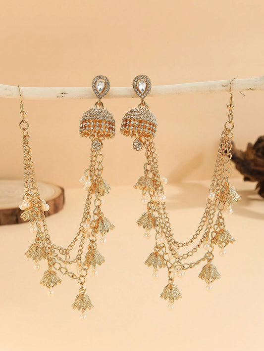 1 Set Elegant Jhumka Earrings Suit, Detachable with Rhinestone, Bell, Faux Pearl & Tassel Earrings Accessories, 4-In-1 Long Necklace Jewelry, Suitable for Women'S Daily, Festival, Wedding and Party Wear/Bridal Jewelry/Gift