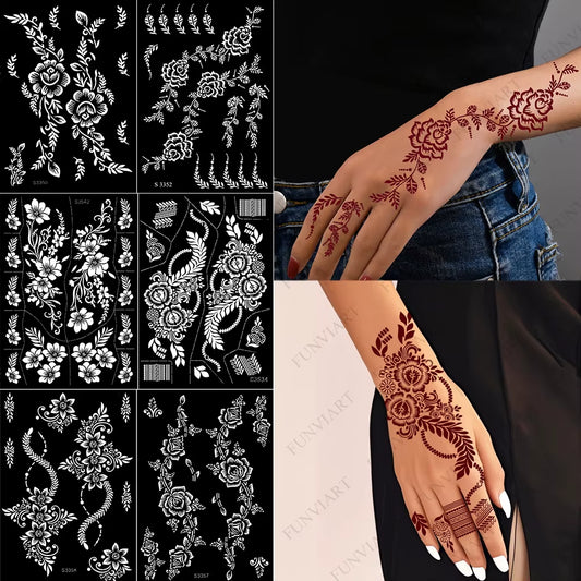 Reusable Henna Stencil for Hand Body Painting Flower Henna Tattoo Template for Women Wedding Festival Body Makeup Tattoo Tools