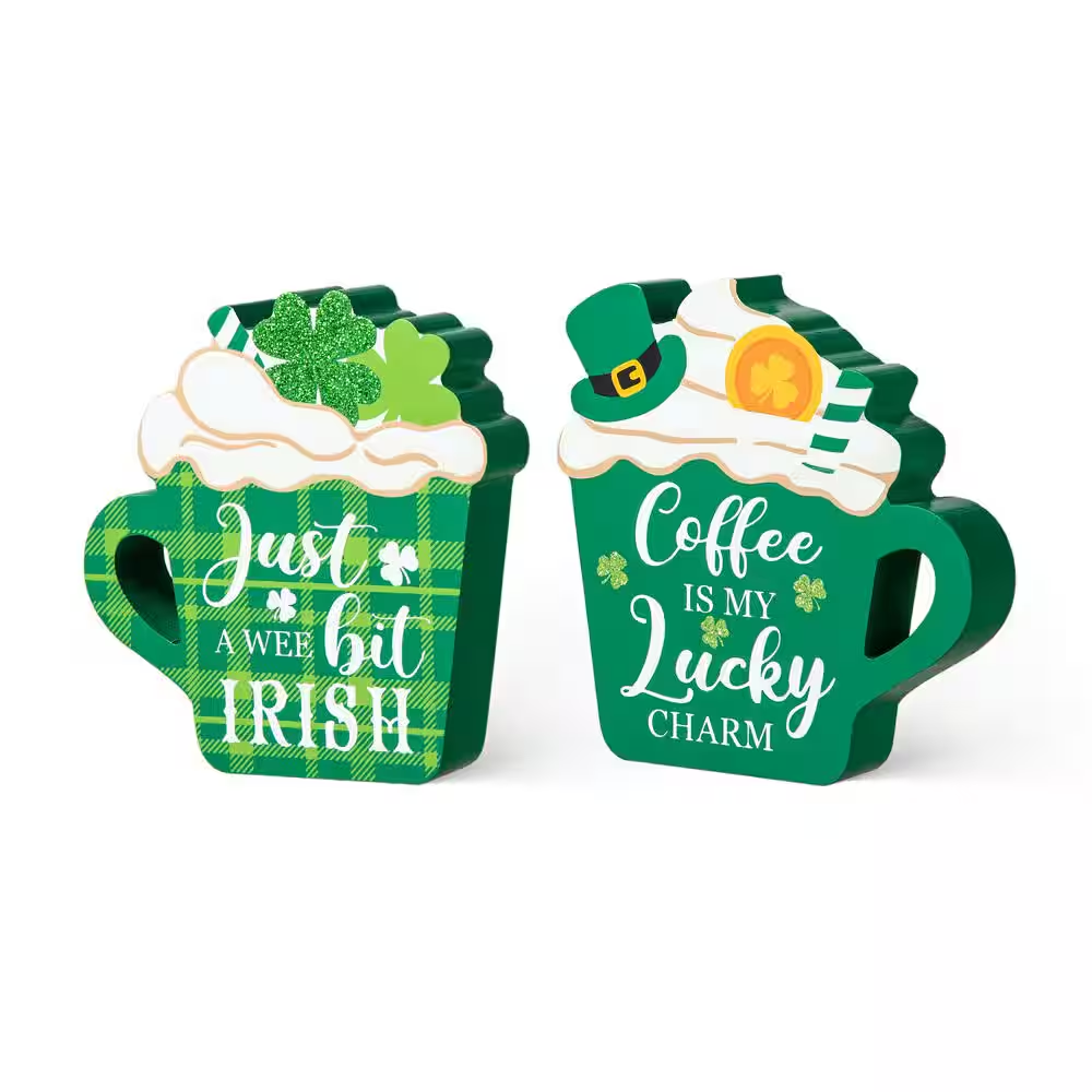Charming St. Patrick's Day Wooden Coffee Cup Table Decor - Set of 2 (5.25 In. H)