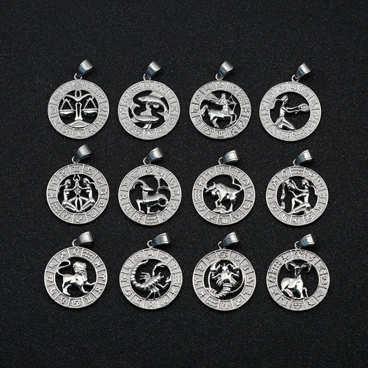 European And American Cross-border Trend Explosions Fashion Retro Titanium Steel Hollow Twelve Constellation Relief Pendant Couple Necklace