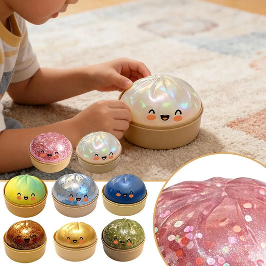 Glitter Dumpling Stress Ball Toy with Smile Face Unique Steamer Base Squeezable Dough Ball Birthday Gift for Girl Boy Adult