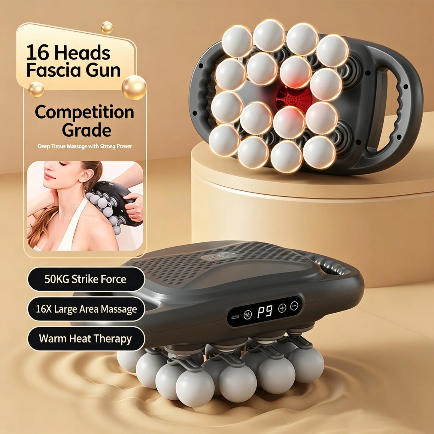 HTMCK Deep Tissue Massager Gun Set — 16 Heads, Full Body Electric Muscle Relief for Back, Shoulders, Legs & Feet