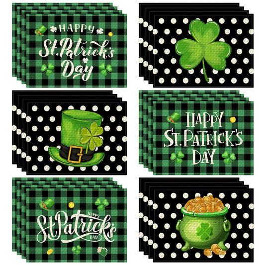 St. Patrick’S Day Placemats Set of 6 Buffalo Plaid Plastic Table Mats Lucky Shamrock Place Mats Holiday Table for Party Kitchen