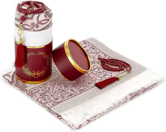 Muslim Prayer Rug and Prayer Beads with Elegant Design Cylinder Gift Box, Janamaz, Soft Sajadah, Islamic Gifts Set, Portable Prayers Carpet Mat, Taffeta Fabric, Burgundy