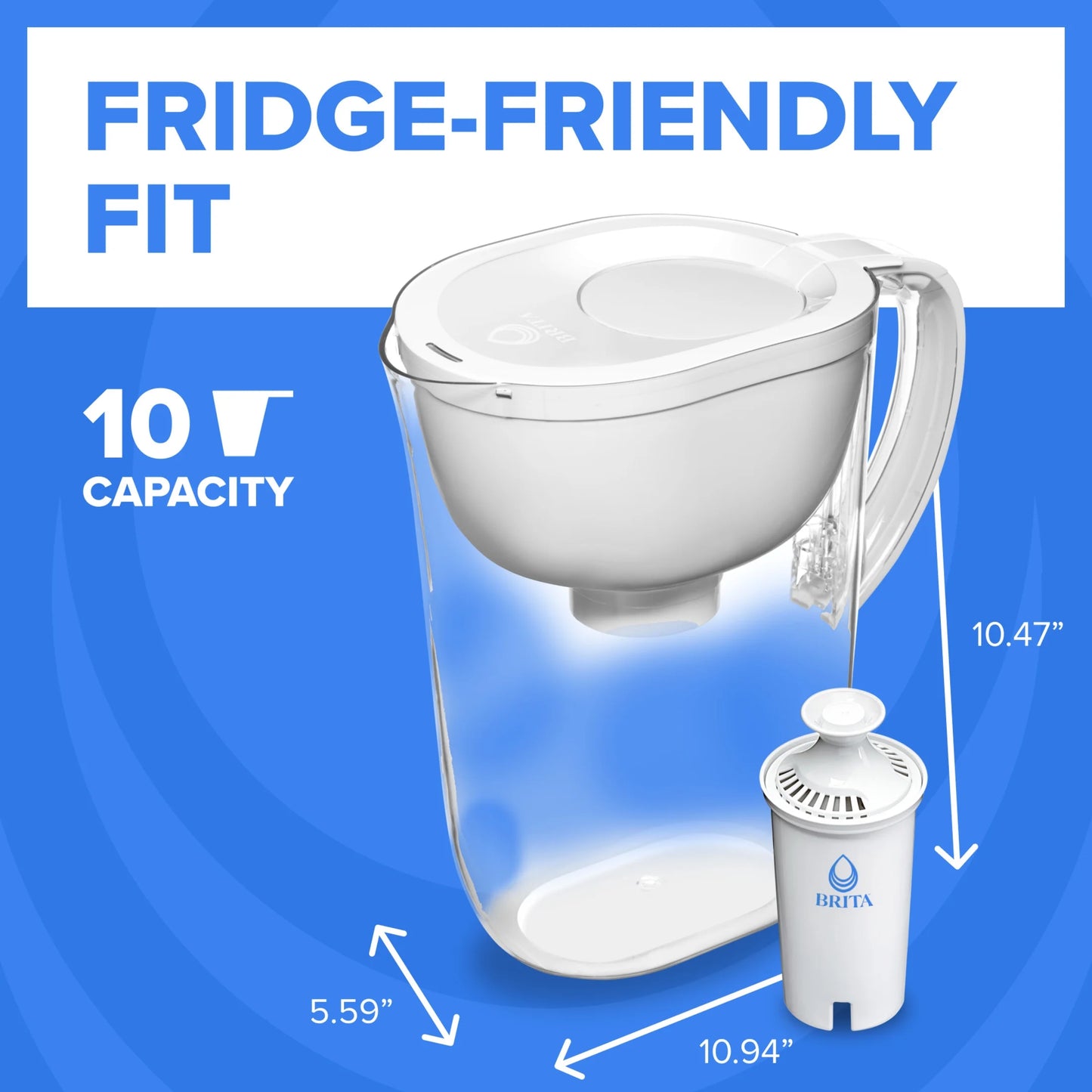10 Cup Large Plastic Water Filter Pitcher, White, BPA Free with 1 Standard  Filter