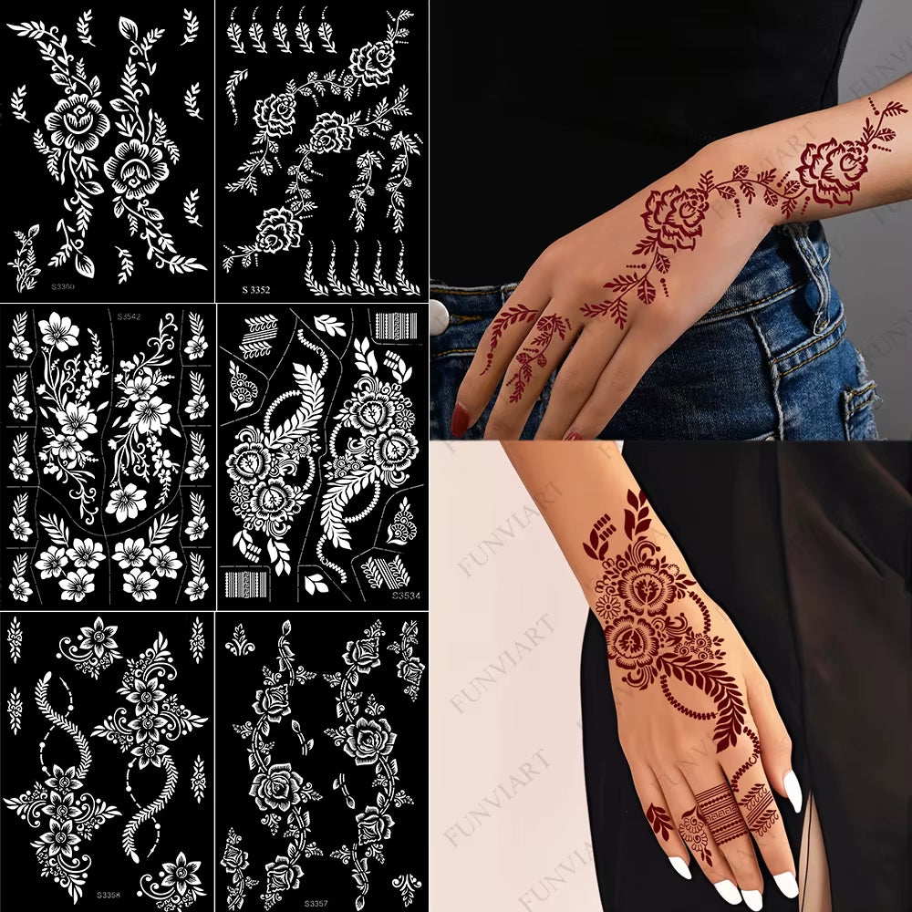 Reusable Henna Stencil for Hand Body Painting Flower Henna Tattoo Template for Women Wedding Festival Body Makeup Tattoo Tools