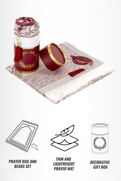 Muslim Prayer Rug and Prayer Beads with Elegant Design Cylinder Gift Box, Janamaz, Soft Sajadah, Islamic Gifts Set, Portable Prayers Carpet Mat, Taffeta Fabric, Burgundy