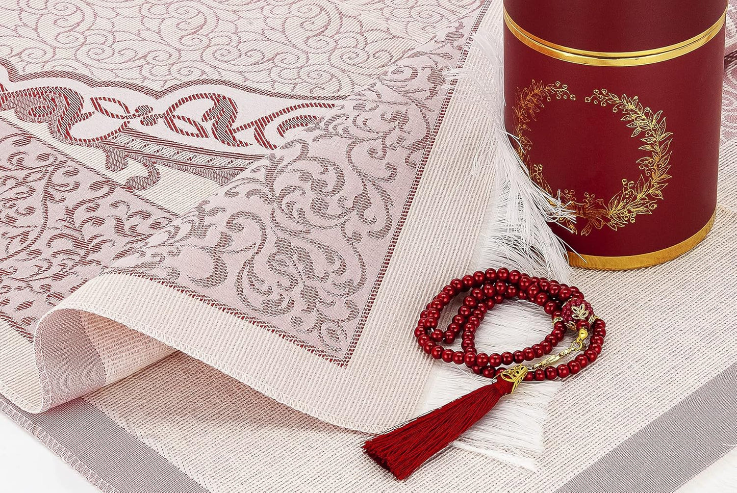 Muslim Prayer Rug and Prayer Beads with Elegant Design Cylinder Gift Box, Janamaz, Soft Sajadah, Islamic Gifts Set, Portable Prayers Carpet Mat, Taffeta Fabric, Burgundy