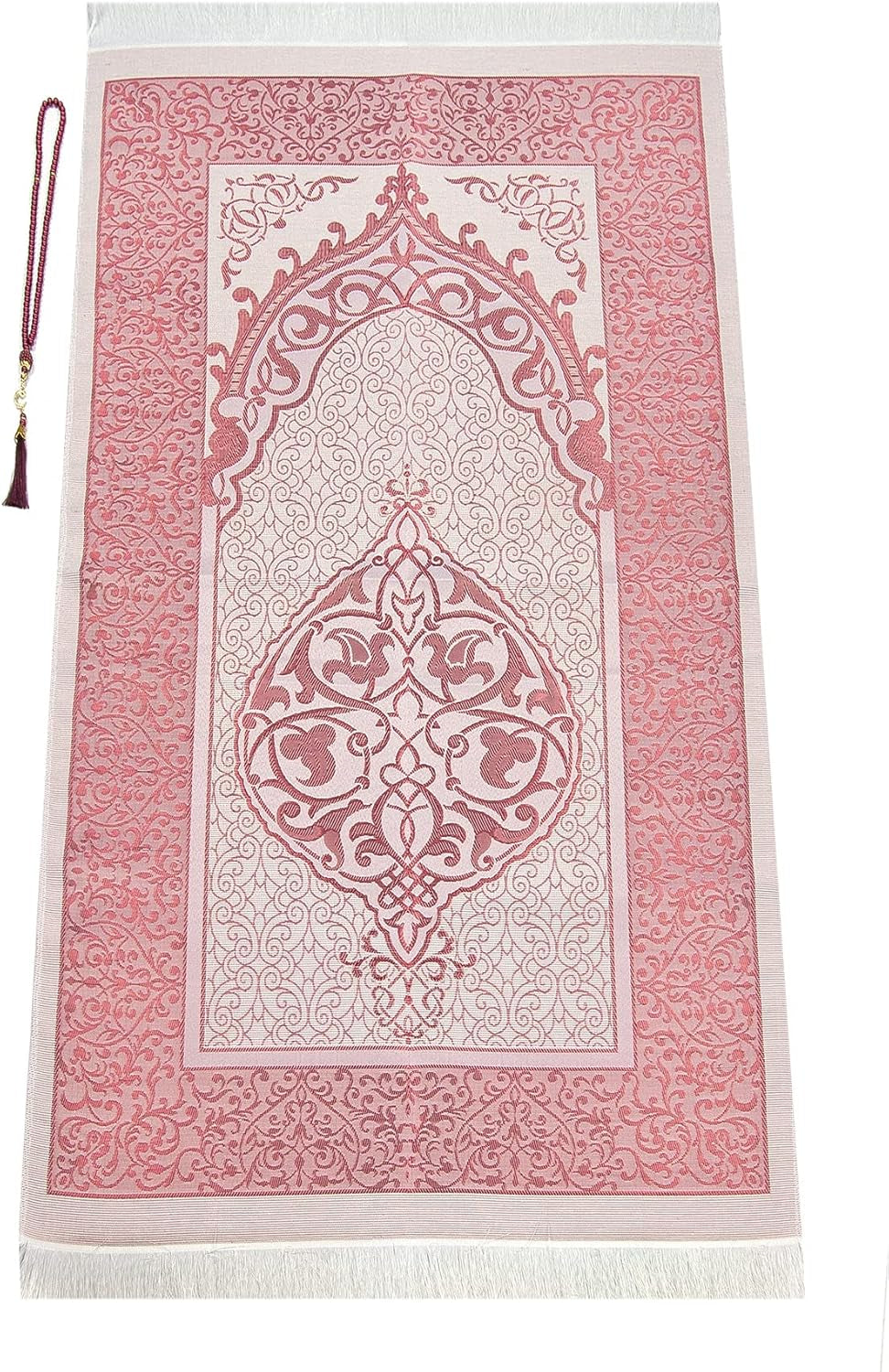 Muslim Prayer Rug and Prayer Beads with Elegant Design Cylinder Gift Box, Janamaz, Soft Sajadah, Islamic Gifts Set, Portable Prayers Carpet Mat, Taffeta Fabric, Burgundy