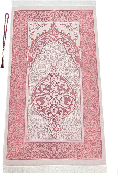 Muslim Prayer Rug and Prayer Beads with Elegant Design Cylinder Gift Box, Janamaz, Soft Sajadah, Islamic Gifts Set, Portable Prayers Carpet Mat, Taffeta Fabric, Burgundy