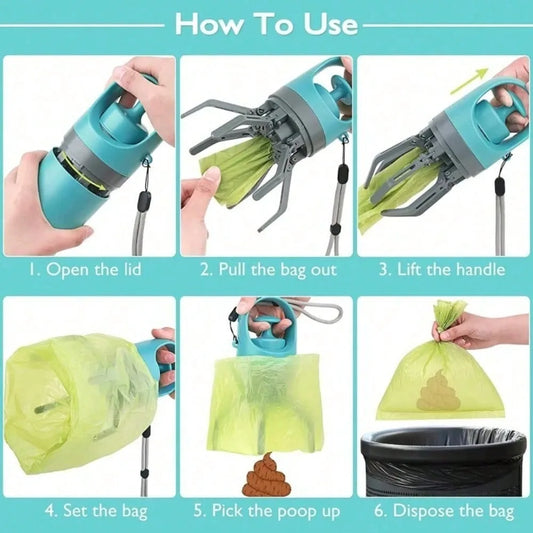 Portable Dog Pooper Scooper No Touch Claw Pickup Tool with Waste Bag Holder Easy One Hand Dog Walking Outdoor Pet Cleanup