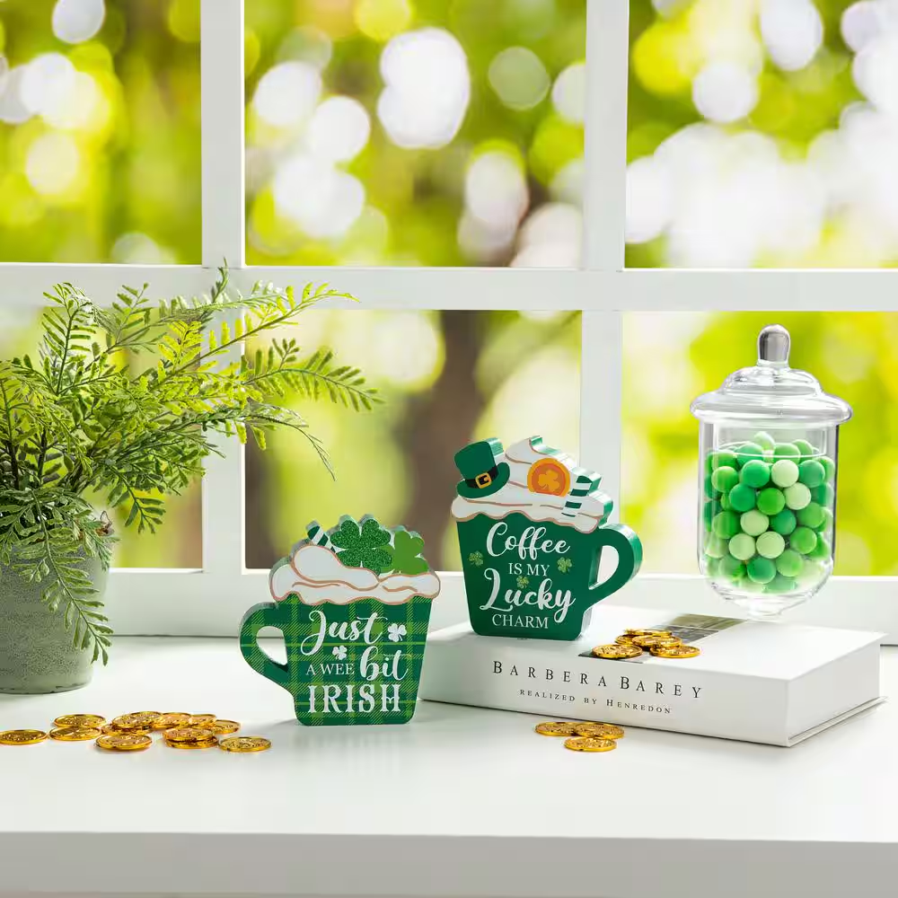 Charming St. Patrick's Day Wooden Coffee Cup Table Decor - Set of 2 (5.25 In. H)