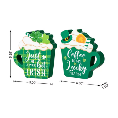 Charming St. Patrick's Day Wooden Coffee Cup Table Decor - Set of 2 (5.25 In. H)
