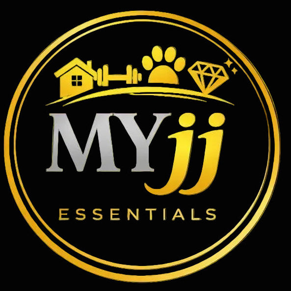 Logo of MYjj Essentials with yellow
 and white design elements on a black background