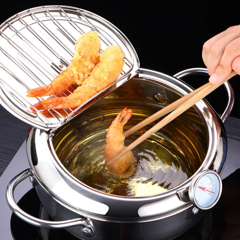 Japanese Tempura Deep Frying Pot with Thermometer & Lid – 304 Stainless Steel Fryer Pan (20/24 cm)