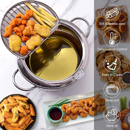 Japanese Tempura Deep Frying Pot with Thermometer & Lid – 304 Stainless Steel Fryer Pan (20/24 cm)