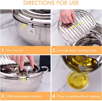 Japanese Tempura Deep Frying Pot with Thermometer & Lid – 304 Stainless Steel Fryer Pan (20/24 cm)