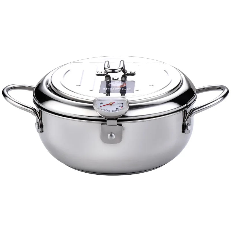 Japanese Tempura Deep Frying Pot with Thermometer & Lid – 304 Stainless Steel Fryer Pan (20/24 cm)