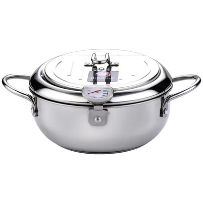 Japanese Tempura Deep Frying Pot with Thermometer & Lid – 304 Stainless Steel Fryer Pan (20/24 cm)