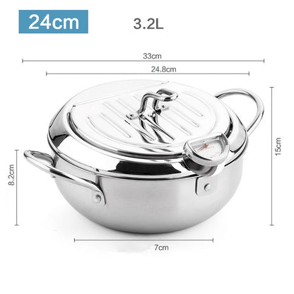 Japanese Tempura Deep Frying Pot with Thermometer & Lid – 304 Stainless Steel Fryer Pan (20/24 cm)