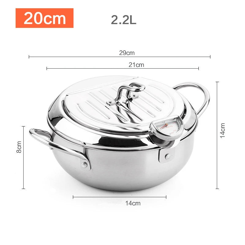Japanese Tempura Deep Frying Pot with Thermometer & Lid – 304 Stainless Steel Fryer Pan (20/24 cm)