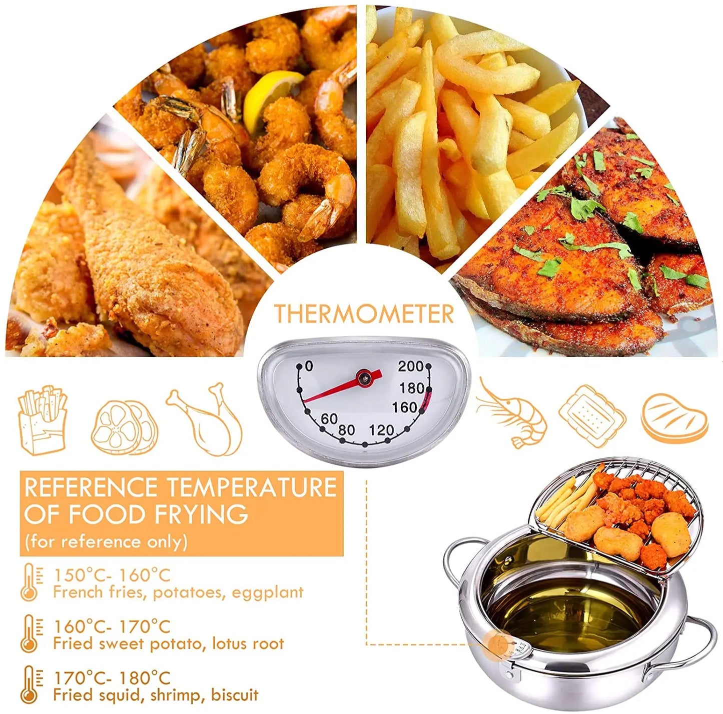 Japanese Tempura Deep Frying Pot with Thermometer & Lid – 304 Stainless Steel Fryer Pan (20/24 cm)