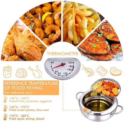 Japanese Tempura Deep Frying Pot with Thermometer & Lid – 304 Stainless Steel Fryer Pan (20/24 cm)