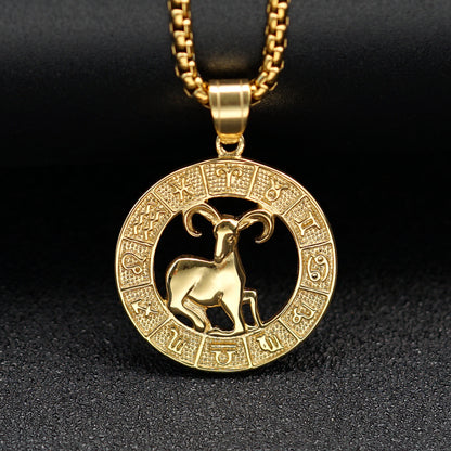 European And American Cross-border Trend Explosions Fashion Retro Titanium Steel Hollow Twelve Constellation Relief Pendant Couple Necklace