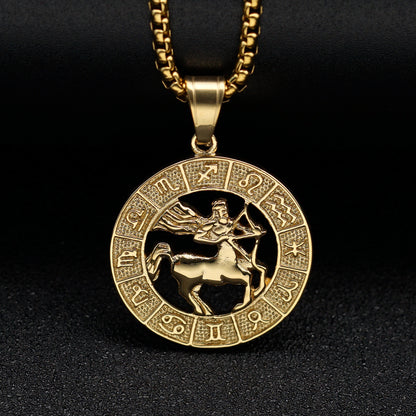 European And American Cross-border Trend Explosions Fashion Retro Titanium Steel Hollow Twelve Constellation Relief Pendant Couple Necklace