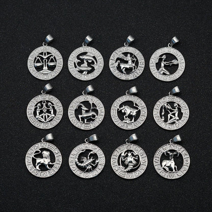 European And American Cross-border Trend Explosions Fashion Retro Titanium Steel Hollow Twelve Constellation Relief Pendant Couple Necklace