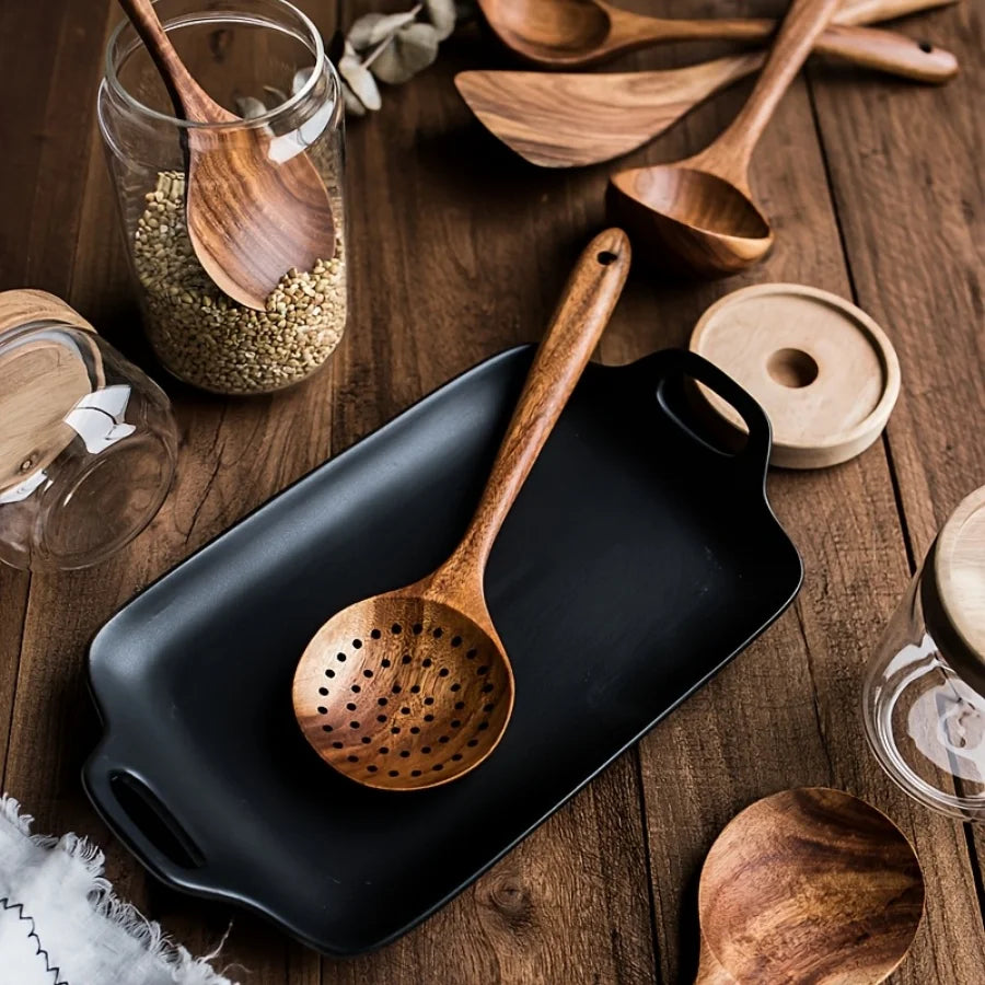 5-Piece Premium Wooden Kitchen Utensils Set, Heat Resistant Corrosion Proof Non-Smell Spoon Spatula Soup Spoon Tableware
