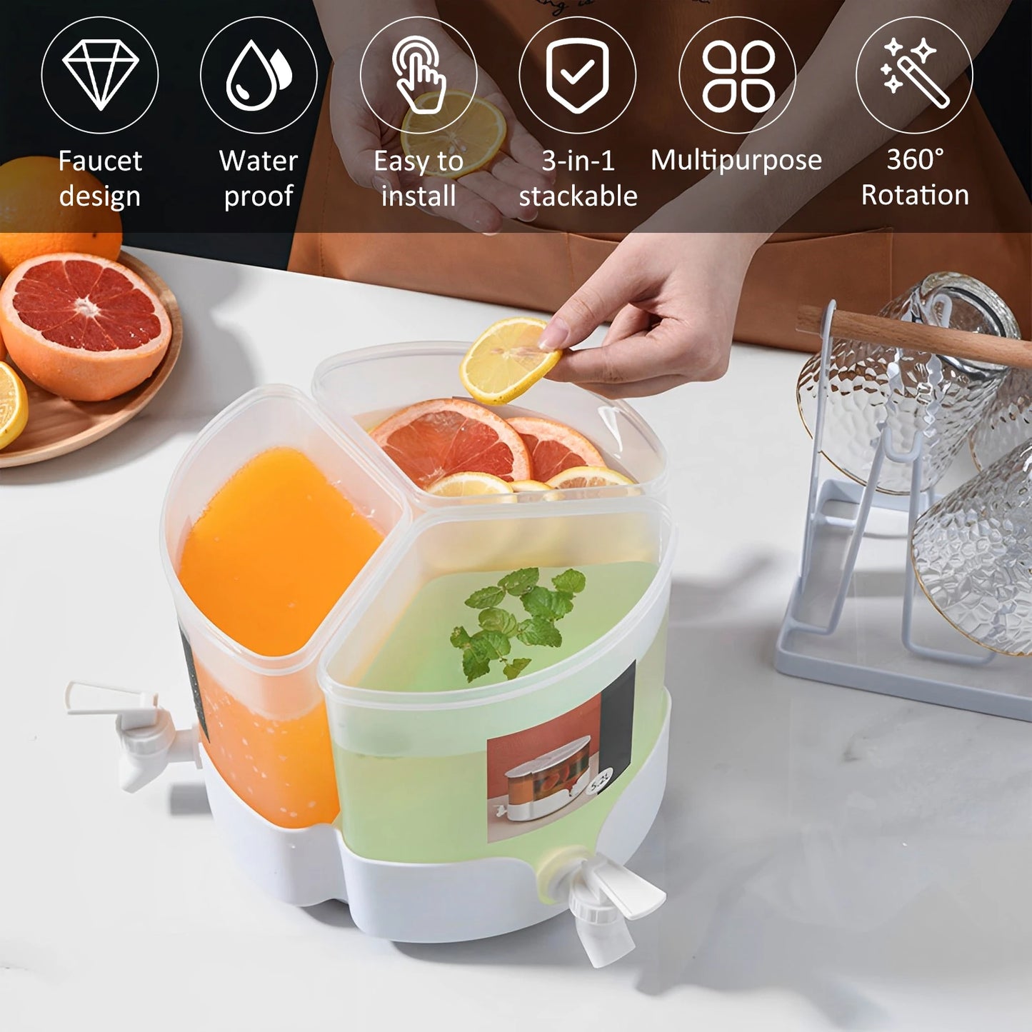 3-in-1 Beverage Dispenser | 5.1L Large Capacity Water Pitcher with 360° Rotating Spout | Iced Tea, Coffee & Cold Drinks