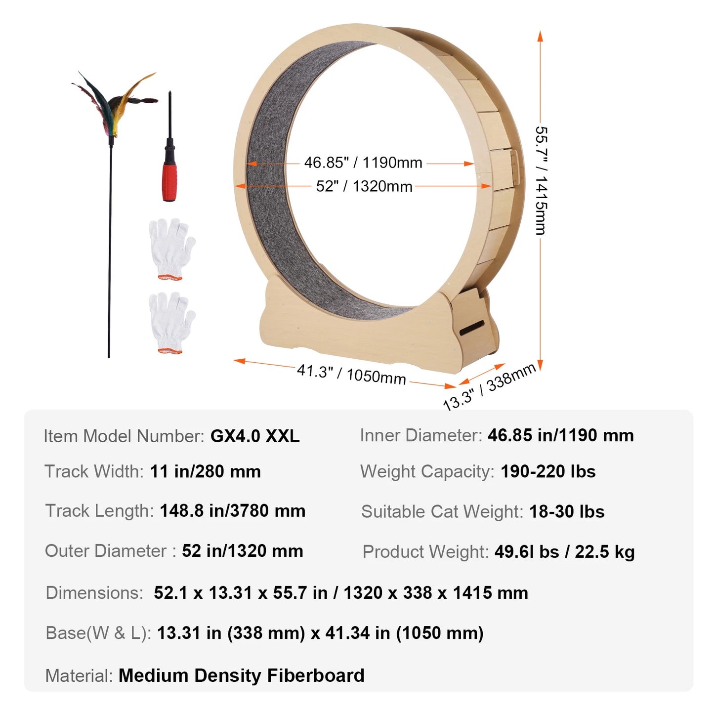 Large Cat Exercise Wheel | Wooden Cat Running Wheel for Indoor Cats | Silent Spin Wheel with Carpet Mat & Cat Teaser