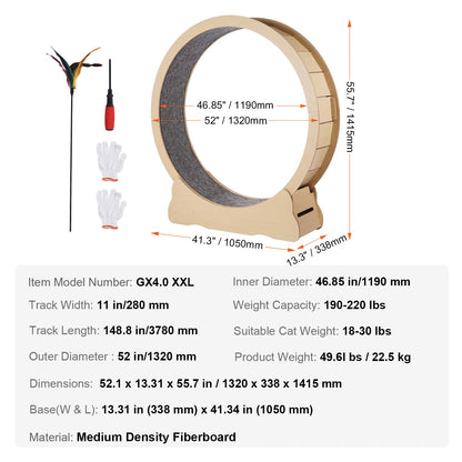 Large Cat Exercise Wheel | Wooden Cat Running Wheel for Indoor Cats | Silent Spin Wheel with Carpet Mat & Cat Teaser