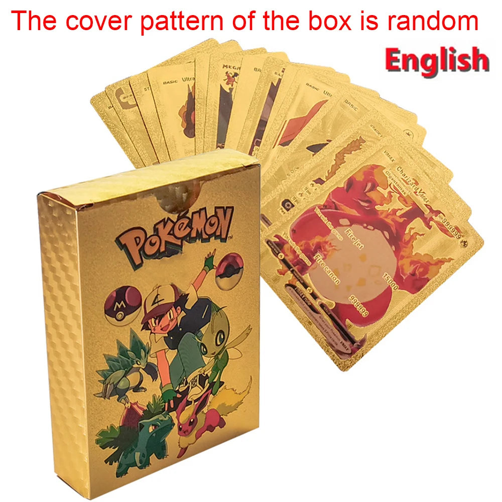 55PCS Gold Foil Flash Cards | Pokémon-Style Novelty Collectible Card Set | English & Spanish | VMAX GX Inspired