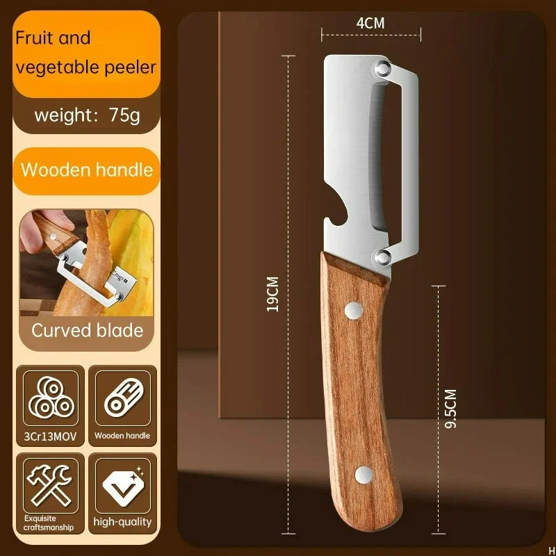 Multi Functional Vegetable Peeler for Kitchen, Premium Peeler with Wooden Handle and Bottle Opener, Stainless Steel Single Blade