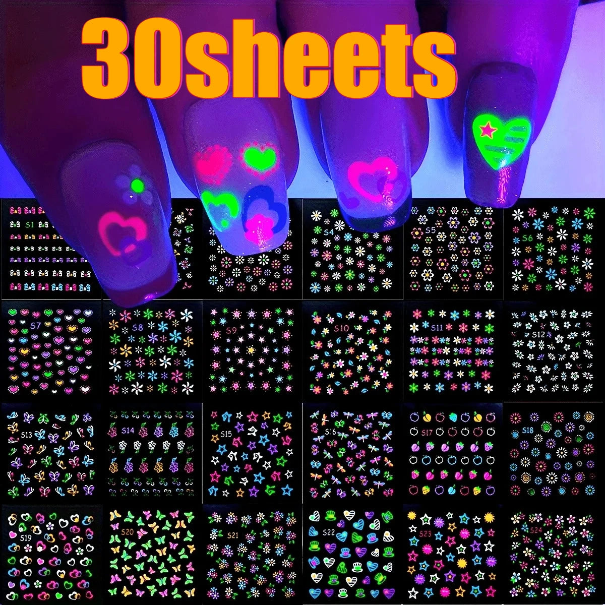 3D Glow in the Dark Neon Nail Stickers | UV Reactive Self-Adhesive Nail Art Decals – Butterflies, Hearts & Flowers