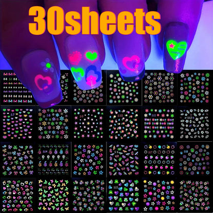 3D Glow in the Dark Neon Nail Stickers | UV Reactive Self-Adhesive Nail Art Decals – Butterflies, Hearts & Flowers