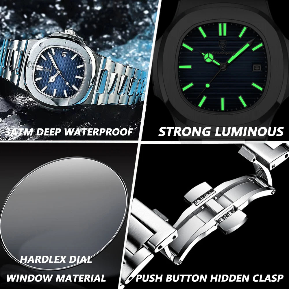 POEDAGAR Luxury Men's Watch – Waterproof Square Dial, Luminous Stainless Steel Quartz Watch, Perfect Father's Day Gift for Him