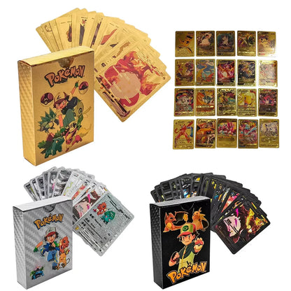 55PCS Gold Foil Flash Cards | Pokémon-Style Novelty Collectible Card Set | English & Spanish | VMAX GX Inspired