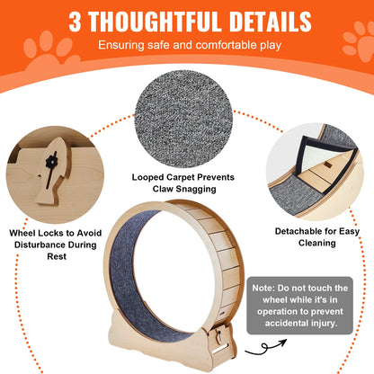 Large Cat Exercise Wheel | Wooden Cat Running Wheel for Indoor Cats | Silent Spin Wheel with Carpet Mat & Cat Teaser