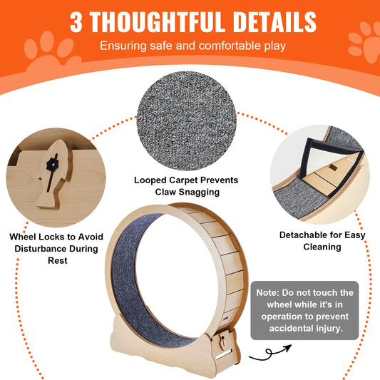 Large Cat Exercise Wheel | Wooden Cat Running Wheel for Indoor Cats | Silent Spin Wheel with Carpet Mat & Cat Teaser