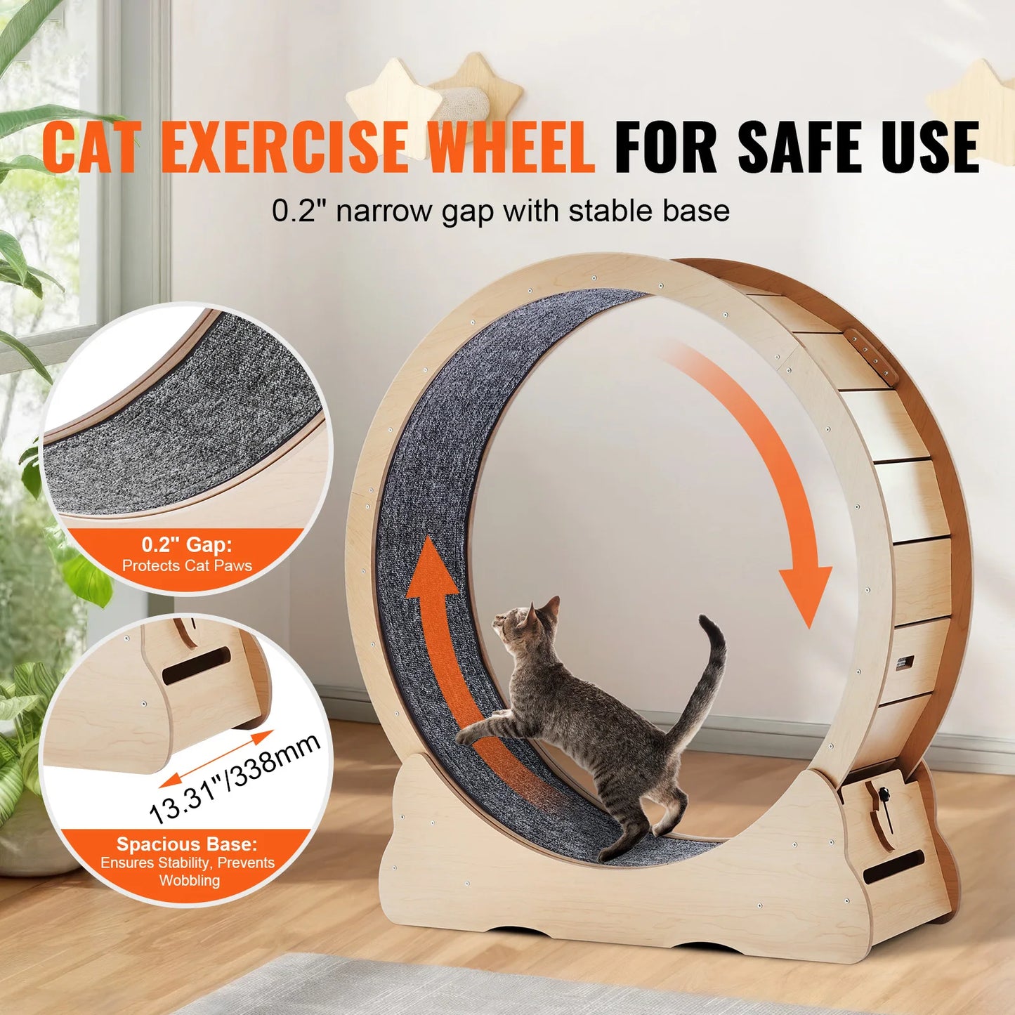 Large Cat Exercise Wheel | Wooden Cat Running Wheel for Indoor Cats | Silent Spin Wheel with Carpet Mat & Cat Teaser