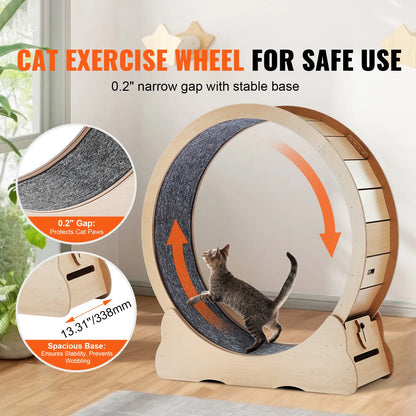 Large Cat Exercise Wheel | Wooden Cat Running Wheel for Indoor Cats | Silent Spin Wheel with Carpet Mat & Cat Teaser