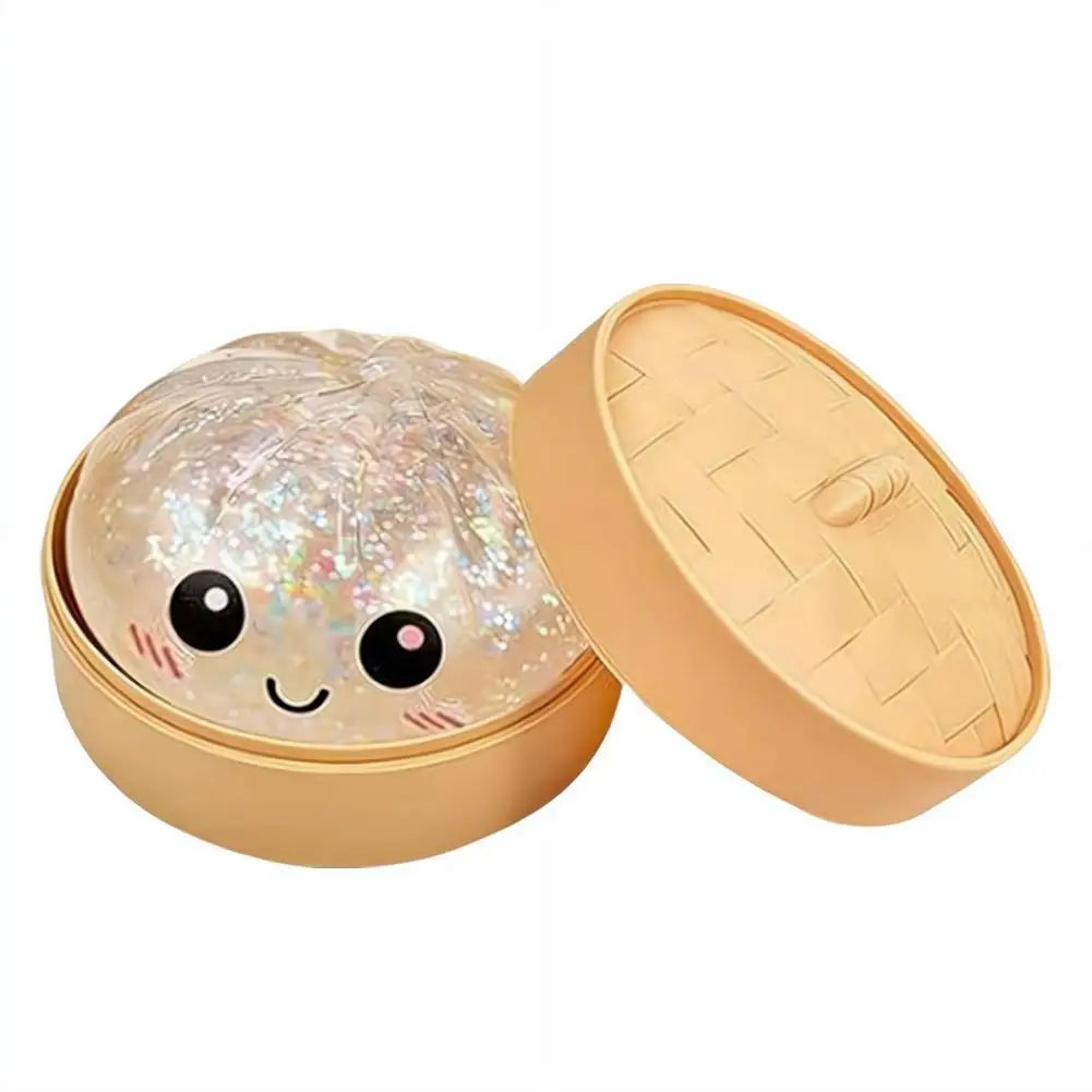 Glitter Dumpling Stress Ball Toy with Smile Face Unique Steamer Base Squeezable Dough Ball Birthday Gift for Girl Boy Adult