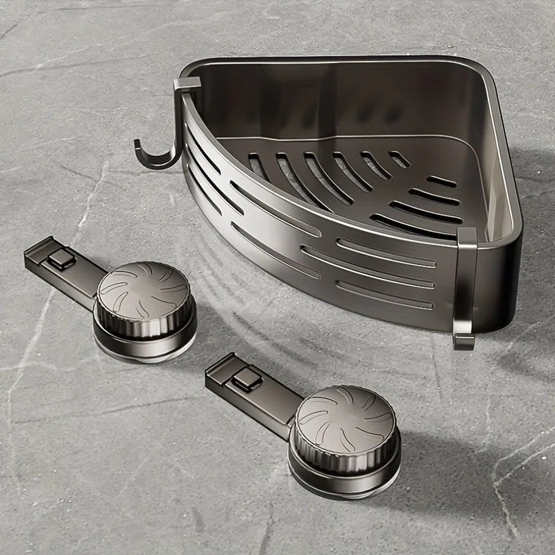 Space-Saving Suction Cup Bathroom Shelf - No Drilling Required, Strong Triangular Rack with Hooks, Suitable for Shower And Toile