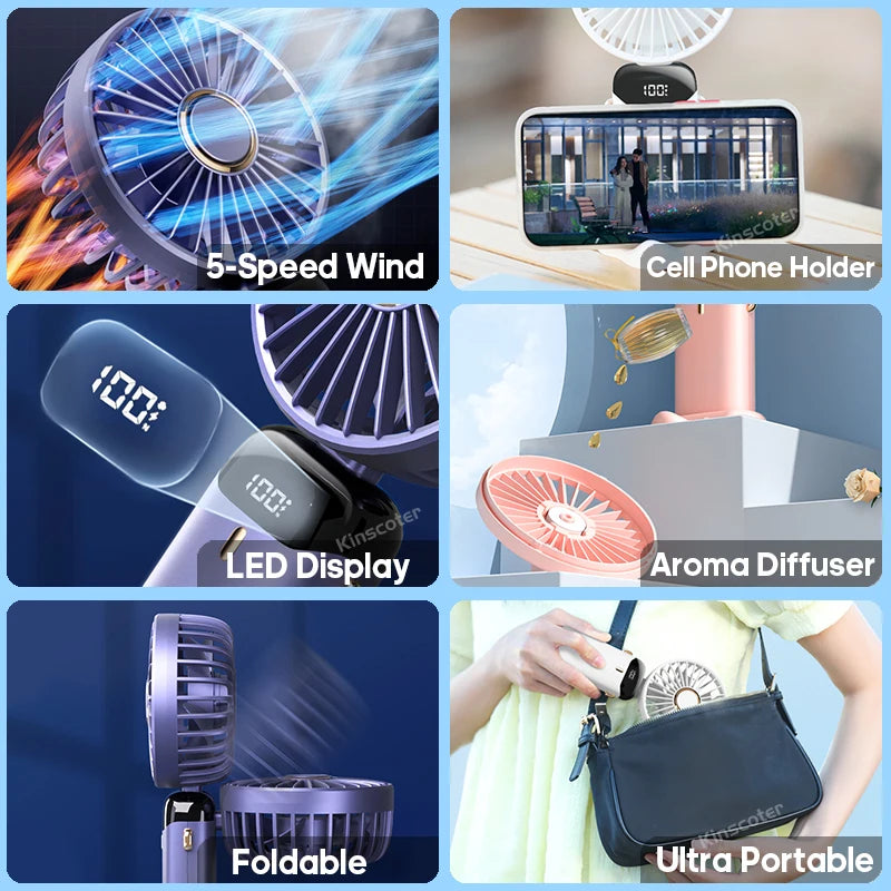 3-in-1 Portable Neck Fan – Handheld, Wearable & Desktop | 5-Speed USB Rechargeable Fan with LED Display & Phone Stand