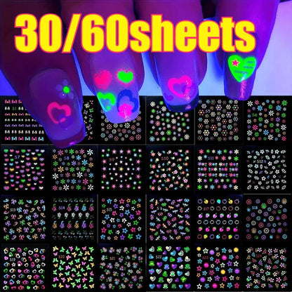 3D Glow in the Dark Neon Nail Stickers | UV Reactive Self-Adhesive Nail Art Decals – Butterflies, Hearts & Flowers