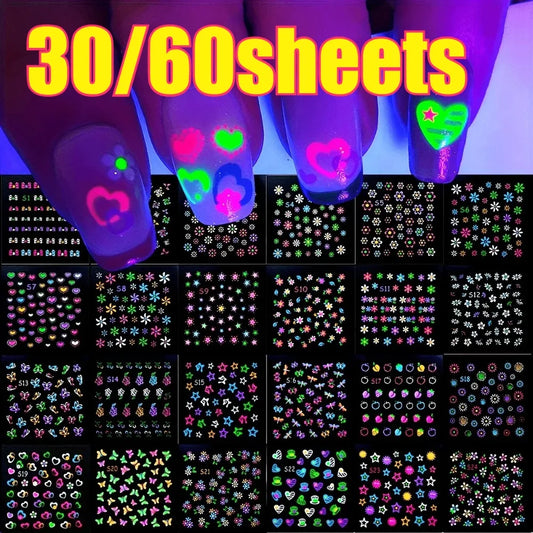 3D Glow in the Dark Neon Nail Stickers | UV Reactive Self-Adhesive Nail Art Decals – Butterflies, Hearts & Flowers