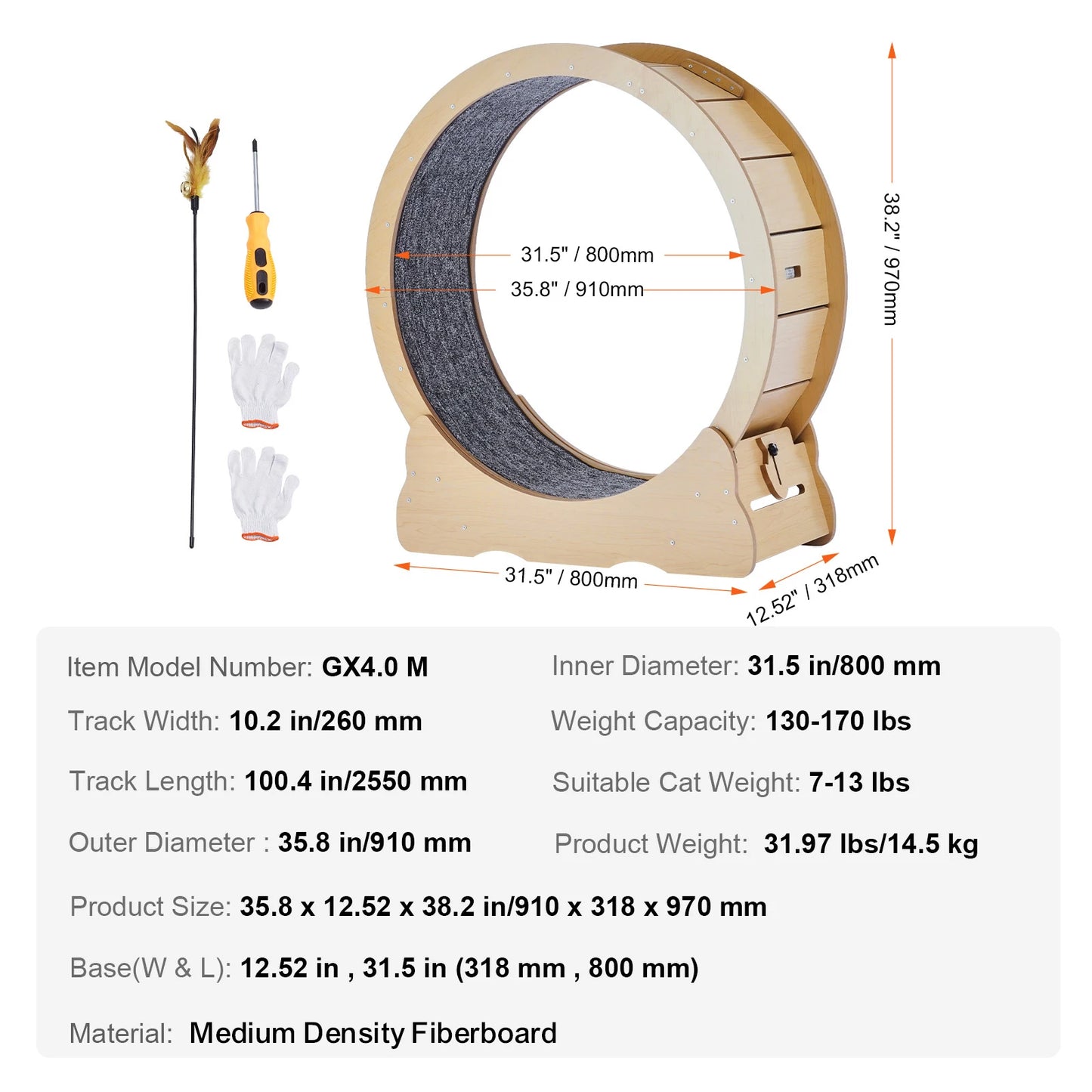 Pet exercise wheel with dimensions and specifications on a white background